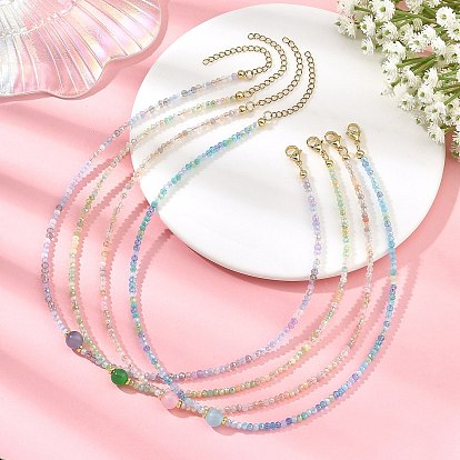 8MM Round Cat Eye and AB Color Plated Glass Faceted Rondelle Beaded Necklaces, Golden