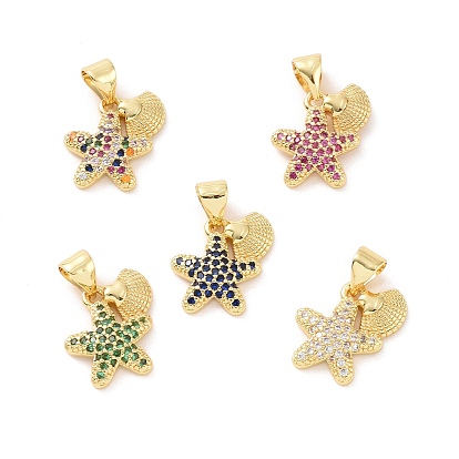 Brass Micro Pave Cubic Zirconia Charms, Starfish with Shell Shape Charm, Real 18K Gold Plated