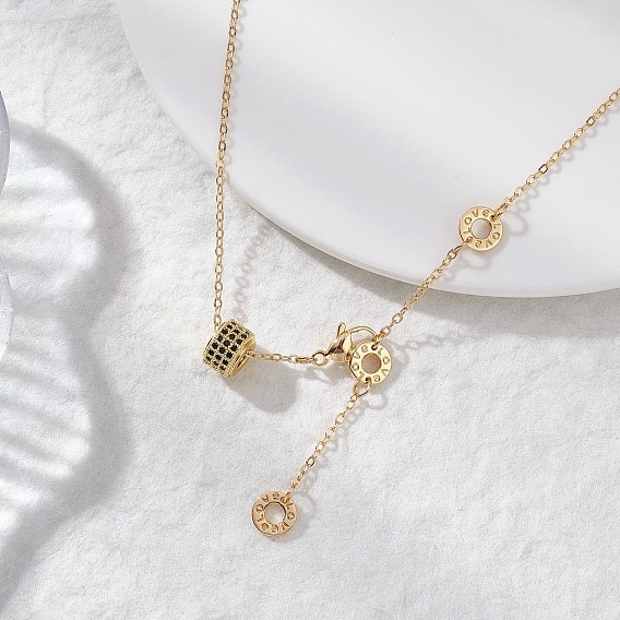 Цепочки и ожерелья с подвесками в виде колонок и дисков с подвесками из латунных кубических цирконий с микропаве из черного золота