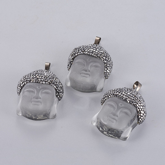 Стеклянные подвески, с медными выводами и полимерной глиной горным хрусталем, Голова Будды, металлический черный 