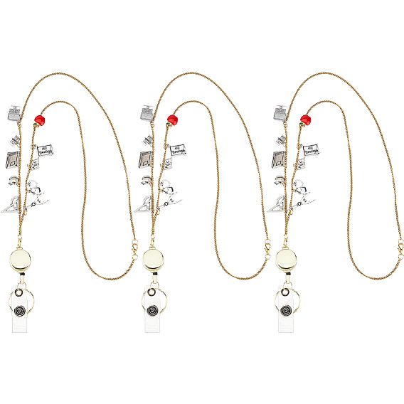 3Pcs 304 Stainless Steel Necklaces, with ABS Plastic Retractable Badge Holders and Alloy Pendants