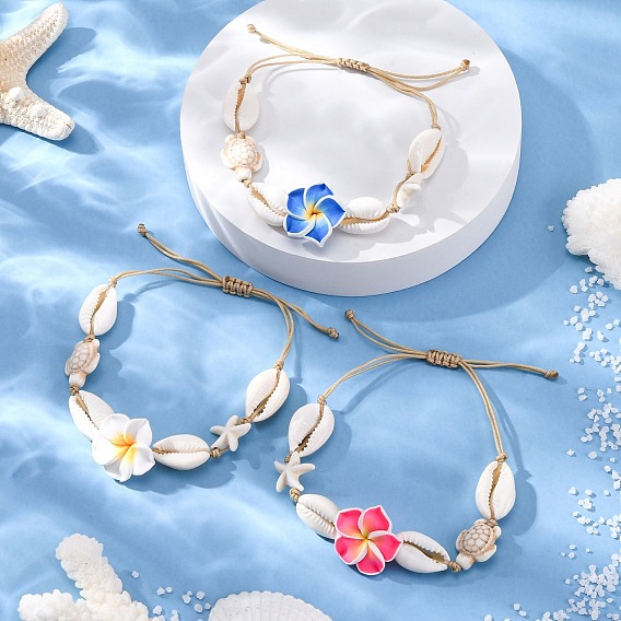 Плетеные браслеты из натуральных смешанных бусин из ракушек каури и синтетических бирюзовых бусин, регулируемые браслеты из нейлоновой нити плюмерия