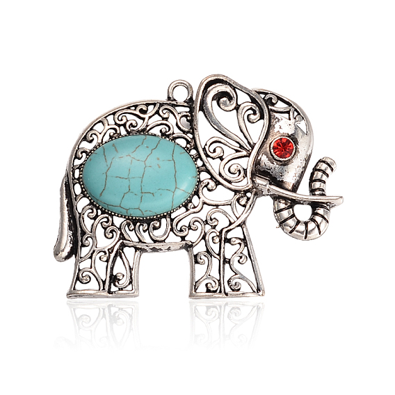 Antique Silver Plated Alloy Synthetic Turquoise Elephant Big Pendants, with Rhinestones, 63x49x8mm, Hole: 3mm