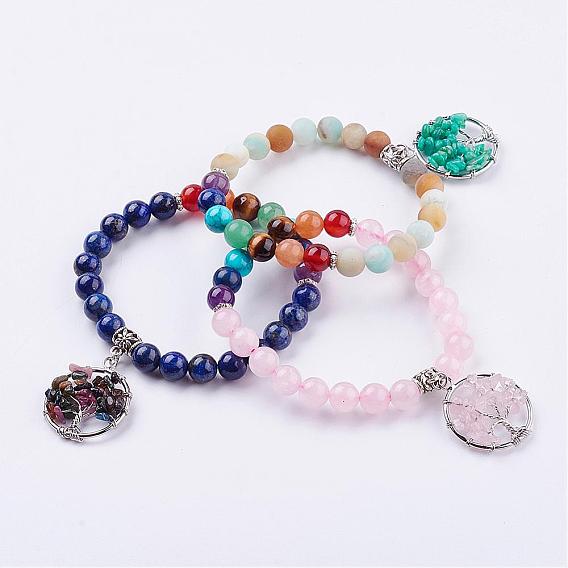 Gemstone Stretch Bracelets, with Tibetan Style Pendants, Tree of Life