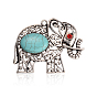 Antique Silver Plated Alloy Synthetic Turquoise Elephant Big Pendants, with Rhinestones, 63x49x8mm, Hole: 3mm