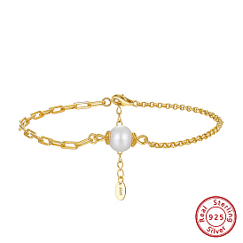 Pulseras de eslabones de perlas naturales con 925 cadenas de plata esterlina, con sello s925