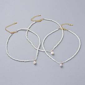 Perlas de cristal colgantes collares, con perlas de vidrio electroplate, extensor de cadena de latón y caja de embalaje de cartón