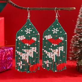 Festive Tassel Dangle Earrings, with Christmas Socks and Tree Design, Glass Beads Handmade Jewelry, Platinum