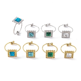 Square 304 Stainless Steel Open Cuff Rings, Synthetic Turquoise & Malachite Rings for Women