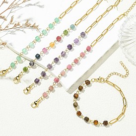 Браслеты из кубических бусин из натуральных драгоценных камней, 304 Плоские браслеты из нержавеющей стали в виде скрепок для женщин