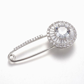 Brass Micro Pave Cubic Zirconia Safety Brooch, Flat Round
