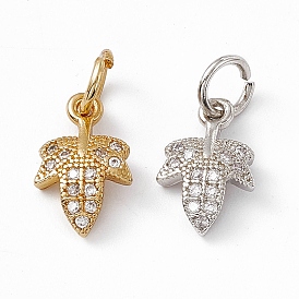 Rack Plating Brass Cubic Zirconia Charms, Grape Leaf Charm, with Jump Ring, Long-Lasting Plated, Lead Free & Cadmium Free
