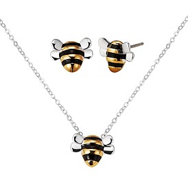 Brass Bee Stud Earrings and Pendant Necklace, Cute Animal Jewelry Set for Women