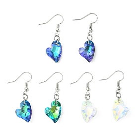 Heart Faceted Glass Dangle Earrings, Platinum Tone Brass Earring for Women