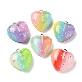 Gradient Color Translucent Resin Pendants, Glitter Heart Charms with Platinum Plated Iron Loops