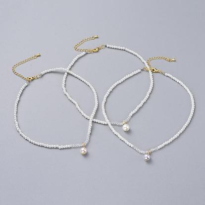 Perlas de cristal colgantes collares, con perlas de vidrio electroplate, extensor de cadena de latón y caja de embalaje de cartón