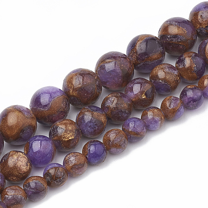 Natural Chalcedony Beads Strands, Imitation Gold Clinquant Stone, Dyed & Heated, Round