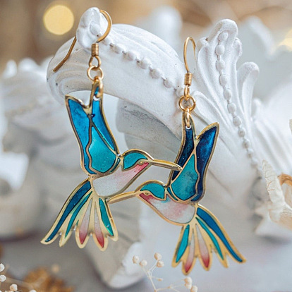 Alloy Enamel Bird Dangle Earrings for Women, Golden