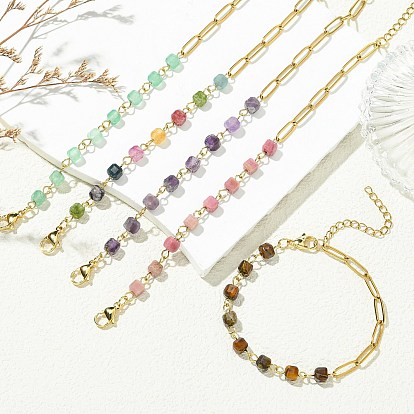 Браслеты из кубических бусин из натуральных драгоценных камней, 304 Плоские браслеты из нержавеющей стали в виде скрепок для женщин