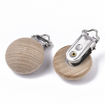Natural Beech Wood Baby Pacifier Holder Clips, with Iron Clips, Half Round, Platinum