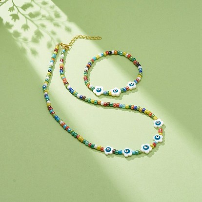 Fleur de coquille naturelle avec mauvais œil et perles de verre collier bracelet extensible, ensemble de bijoux pour femmes
