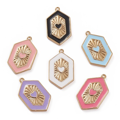 Golden Tone Brass Enamel Pendants, Hexagon with Heart