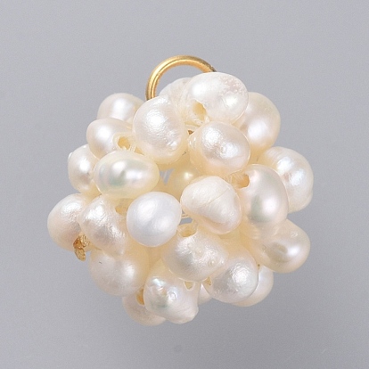 Natural Cultured Freshwater Pearl Pendants, Grade A, with 304 Stainless Steel Open Jump Rings, Round, Golden