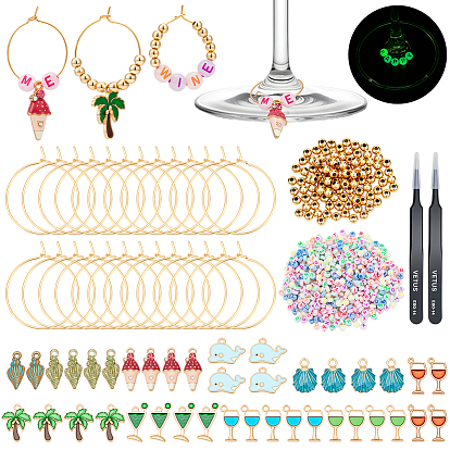 Наборы для изготовления шармов для бокалов своими руками, включая латунные кольца-подвески для бокалов вина, Акриловые бусины, Подвески из эмали и сплава, латунь круглый шарики прокладки, 201 из нержавеющей стали бисером пинцет