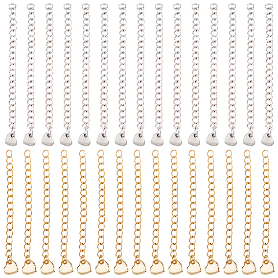 30Pcs 2 Colors 304 Stainless Steel Curb Chain Extender, Heart Charm