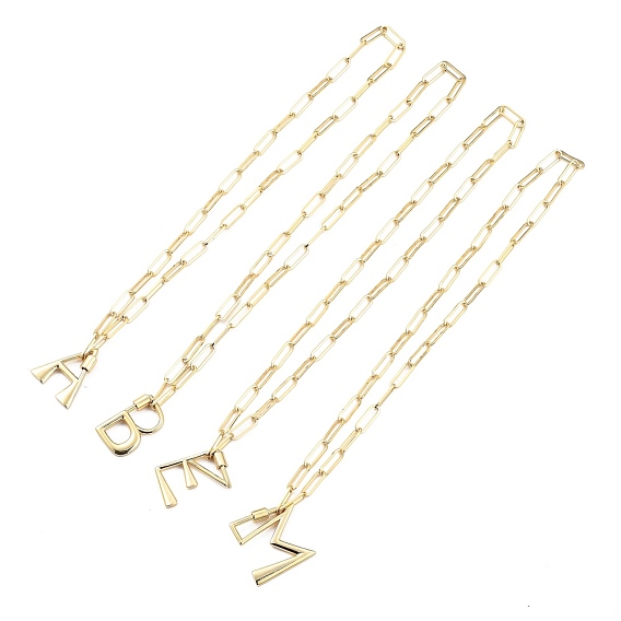 Brass Screw Carabiner Lock Pendant Necklaces, Initial Necklaces, with Paperclip Chains, Letter, Golden