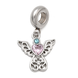 304 европейские подвески из нержавеющей стали с розами и стразами, подвески с большим отверстием в форме сердца с крыльями