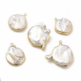 Pendentifs baroques en perles de keshi naturelles, charmes rondes plates, avec des boucles de cuivre