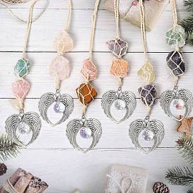 Natural Gemstone Nugget Cotton Rope Macrame Pendant Decorations, with Alloy Wing, Glass Sun Catchers, Ball Prism for Chandelier Ceiling
