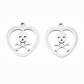 201 Stainless Steel Pendants, Laser Cut, Heart with Skull