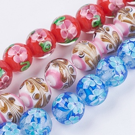 Perles lampwork, perles au chalumeau, faits à la main, ronde avec des fleurs