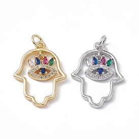 Brass Colorful Cubic Zirconia Pendants, with Jump Ring, Hamsa Hand/Hand of Miriam with Evil Eye Charms