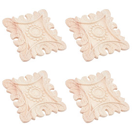Natural Solid Wood Carved Onlay Applique Craft, Unpainted Onlay Furniture Home Decoration, Square