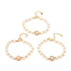 Natural Pearl Link Bracelets, Real 18K Gold Plated, with Brass Round Beads, Long-Lasting Plated