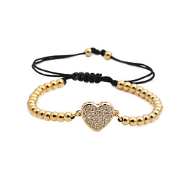 Heart-shaped Bracelet with Micro Inlaid Zirconia and Copper Beads Weaving