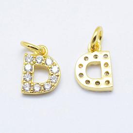 Brass Micro Pave Grade AAA Cubic Zirconia Charms, Letter D, Cadmium Free & Nickel Free & Lead Free