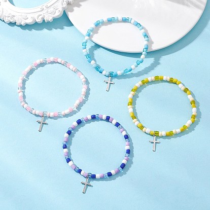 Регулируемые браслеты с подвесками из стеклянных бусин, с 201 подвеской в виде креста из нержавеющей стали