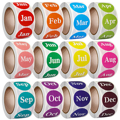 12 Months Adhesive Paper Stickers, Round Labels Stickers, for Scrapbooking, Diary, Planner, Envelope & Notebooks, Round with Month Jan/Feb/Mar/Apr/May/Jun/Jul/Aug/Sep/Oct/Nov/Dec