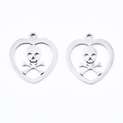 201 Stainless Steel Pendants, Laser Cut, Heart with Skull