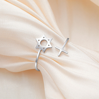 304 Anillos abiertos de acero inoxidable para parejas, Estrella de David con cruz