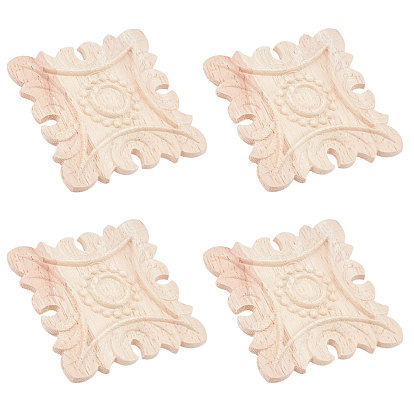 Natural Solid Wood Carved Onlay Applique Craft, Unpainted Onlay Furniture Home Decoration, Square