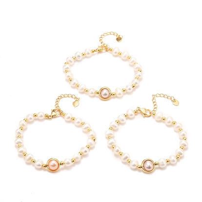 Natural Pearl Link Bracelets, Real 18K Gold Plated, with Brass Round Beads, Long-Lasting Plated