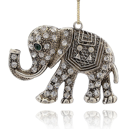 Shining Antique Silver Plated Alloy Rhinestone Elephant Pendants, 53x72x5mm, Hole: 4mm