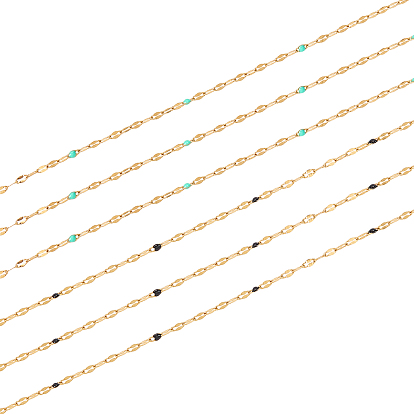 2M 2 Colors Handmade Stainless Steel Dapped Chains, Cable Chains, with Enamel, Soldered, Flat Oval, Long-Lasting Plated