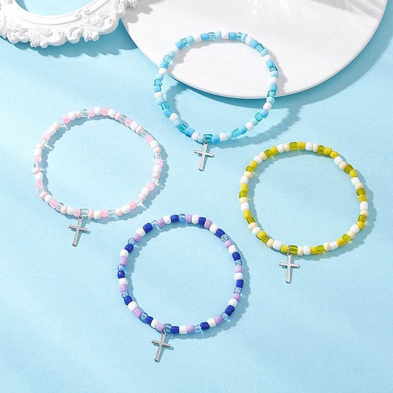 Регулируемые браслеты с подвесками из стеклянных бусин, с 201 подвеской в виде креста из нержавеющей стали