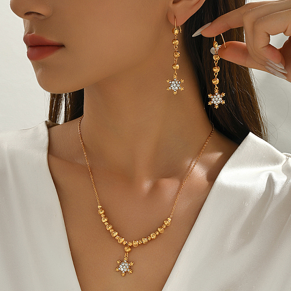 Комплекты серег и ожерелий из винтажной латуни с микропаве из прозрачных кубических цирконий в форме снежинок для женщин